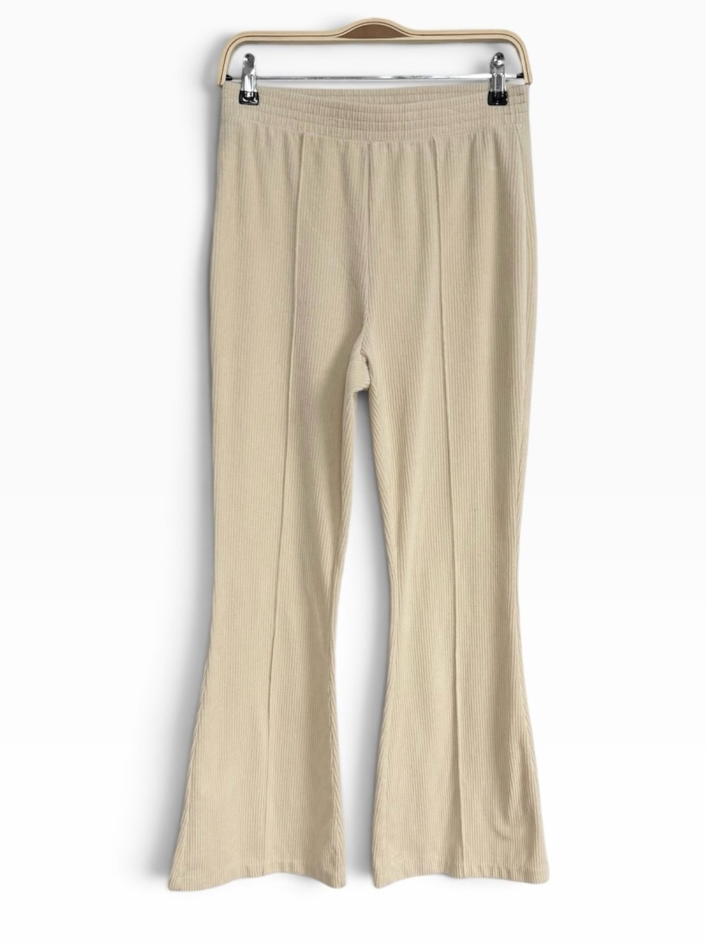Aerie Ribbed Flare Leg Pants Beige High Rise Pull On Stretch Lounge Size Small